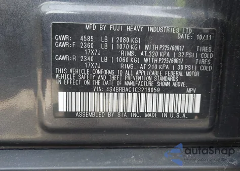 2012 Subaru Outback 2.5I z USA, uszkodzony, nr VIN 4S4BRBAC1C3218059